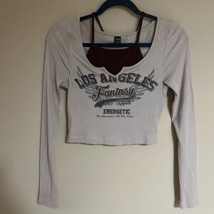 SHEIN Cream and Brown Layered Self Tie Long Sleeve Tee